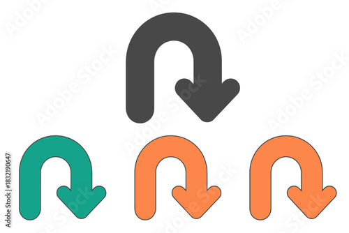 Illustration of three u turn arrows in different colors on a white background