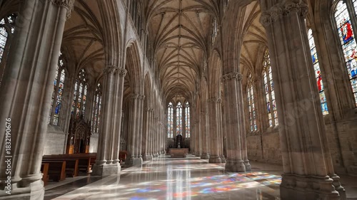 Grand architectural interior with gothic arches and stained glass windows