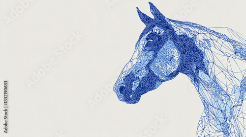 Wireframe geometric horse in soft corporate blues, simple white background, modern vector aesthetic, large empty space for marketing text, New Year 2026 clean tech banner
