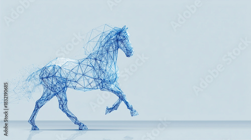 Wireframe geometric horse in soft corporate blues, simple white background, modern vector aesthetic, large empty space for marketing text, New Year 2026 clean tech banner