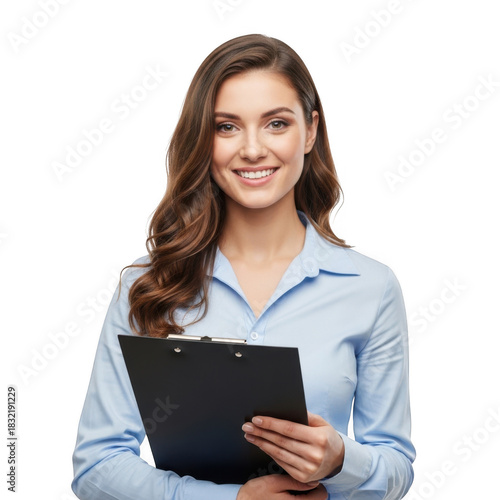 Smiling businesswoman holding a clipboard isolated on transparent background