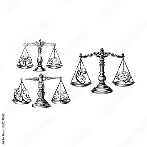 Balance scale weighing one human brains on one side and a  heart on the other side