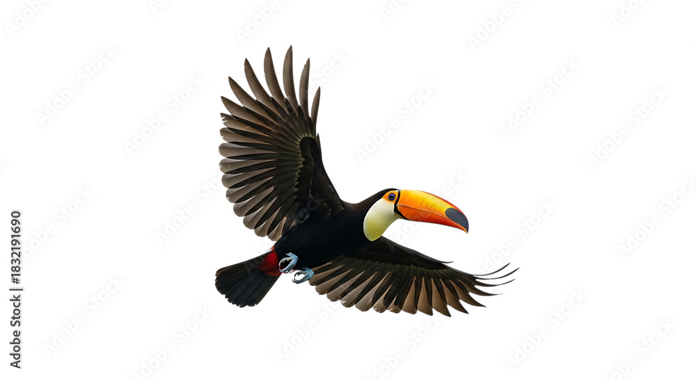 Naklejka premium Toucan bird, with bright orange beak flying with wings spread, isolated on a transparent background, cutout, PNG