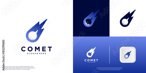 space object logo, asteroid movement, fiery tail, vector graphic template.