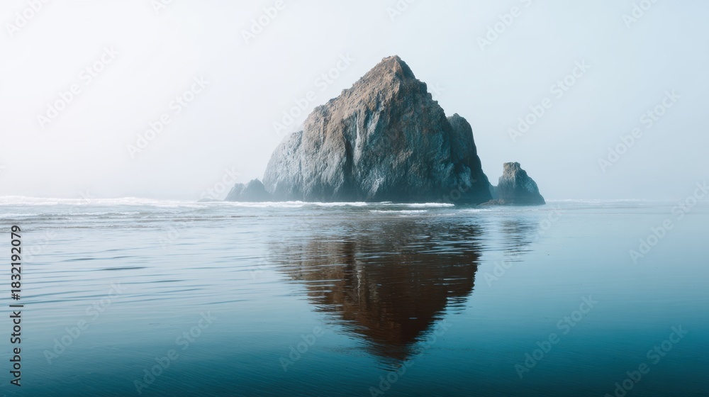 Naklejka premium Large rock formation stands majestically in calm ocean water, reflecting on the surface. Minimalist nature scene with heavy fog for mood.