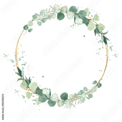 Watercolor flower wreath with gold circle frame.
