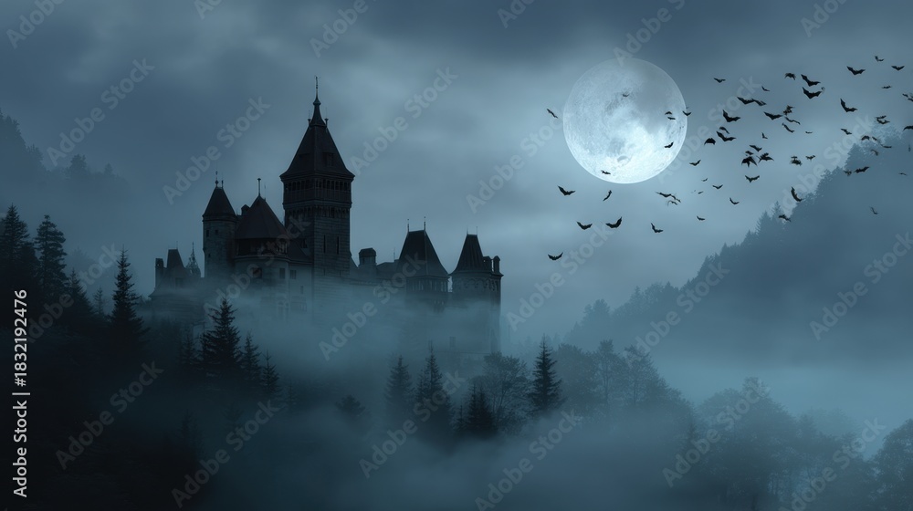 Naklejka premium Haunted castle on a misty night with bats flying across a full moon. Spooky scene for Halloween and horror-themed storytelling.