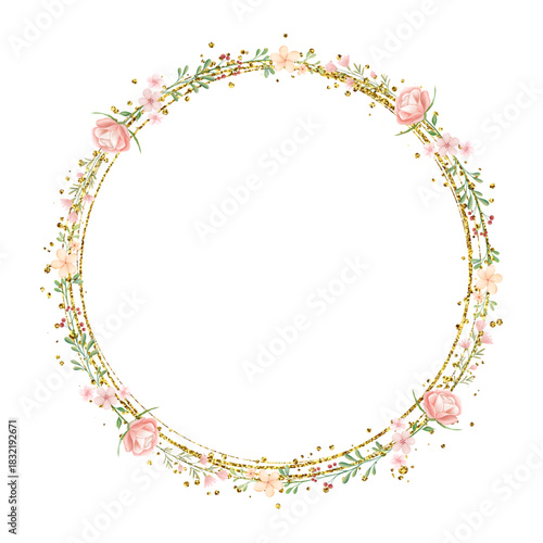 Watercolor flower wreath with gold circle frame.
