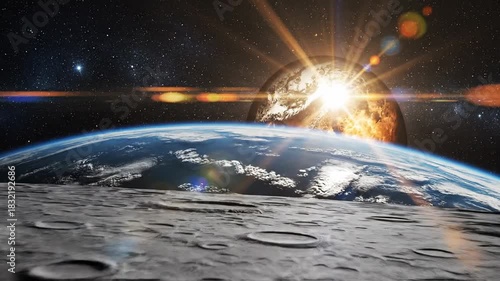 Sunrise over planet surface from moon view showing distant star