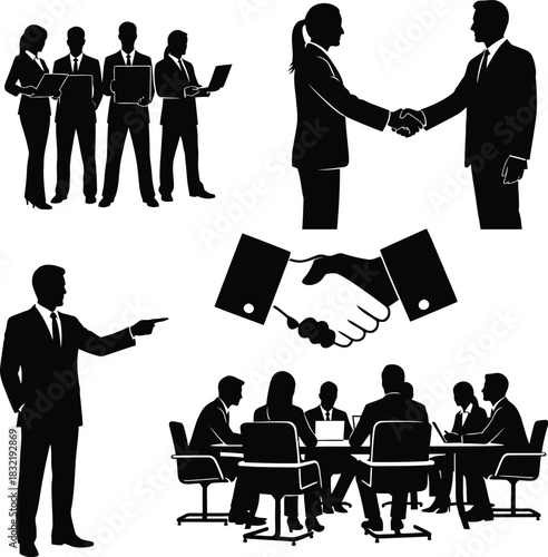 Silhouettes of business people shaking hands during a meeting