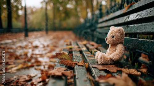 Fototapeta Naklejka Na Ścianę i Meble -  A small teddy bear sitting on a wet wooden park bench covered with fallen autumn leaves, symbolizing childhood memory and loneliness concept.
