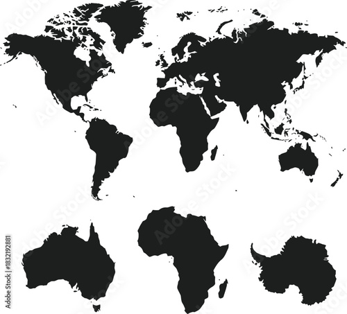 Vector illustration of a global world map with continents like Asia, Europe, America, and Australia, suitable for business, travel, and geography atlas