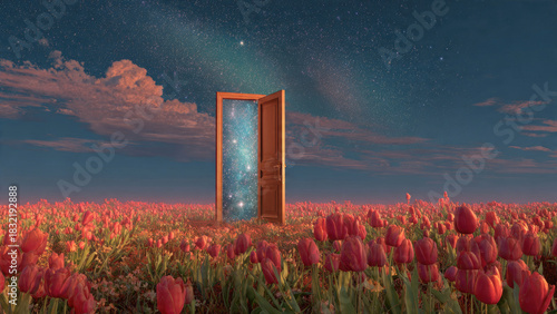 Wallpaper Mural An open wooden door in a field of red tulips reveals a dazzling starry cosmos, a celestial portal under a twilight sky. Torontodigital.ca