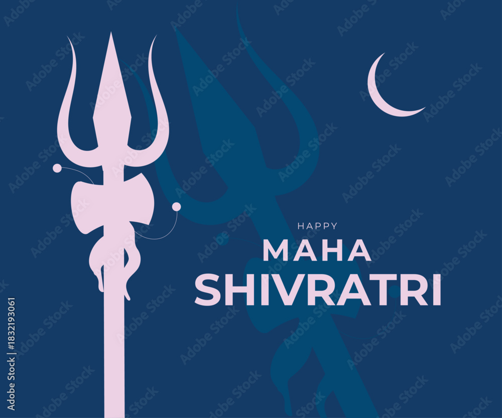 Obraz premium Maha Shivratri hindu celebration banner. Creative hinduism greeting card for web design. Trident, moon, text on blue background. Vector illustration