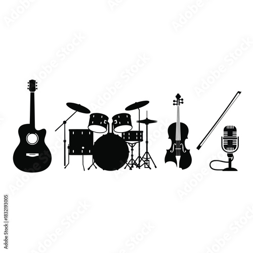 Vector illustration of rock band musical instruments set including electric guitar and bass