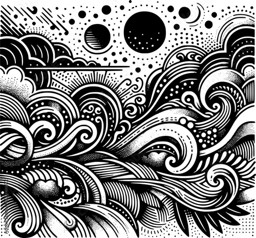 Celestial Waves in Monochrome: A mesmerizing abstract artwork unveils a dance of celestial waves and cosmic elements in striking monochrome, capturing a sense of both the known and the mystical.
