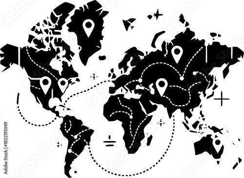 Global Network: An abstract depiction of the world map with interconnected routes and location markers suggesting global connectivity and international business.