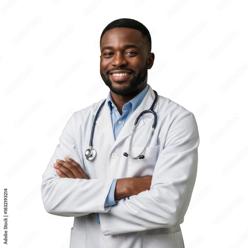 Fototapeta premium Smiling black male doctor with stethoscope isolated on transparent background