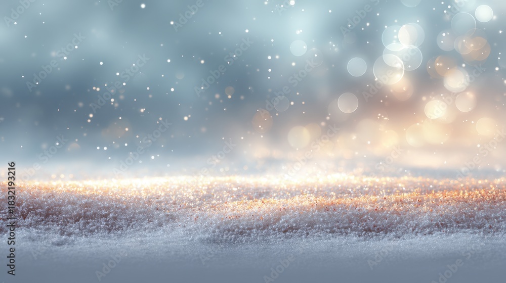 Naklejka premium Winter magic with falling snow and sparkling bokeh. Frozen ground covered by glittering frost. Elegant Christmas background for greeting card.