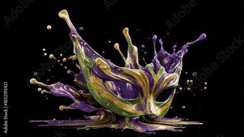 Wallpaper Mural A vibrant Mardi Gras mask dramatically formed from splashing gold, purple, and green paint on a black backdrop, celebrating color and motion. Torontodigital.ca