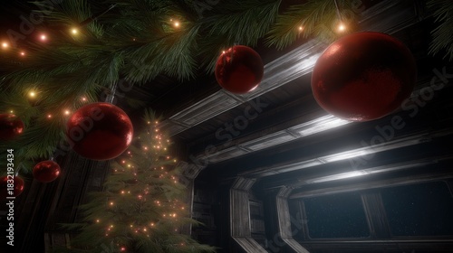 Fototapeta Naklejka Na Ścianę i Meble -  Christmas celebration inside a long-abandoned space station