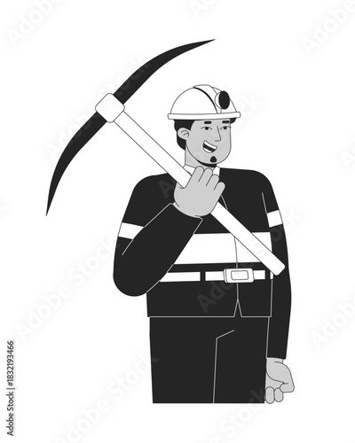 Arab male miner holding pickaxe 2D line character. Middle eastern man in helmet. Manual extraction labor. Mine worker isolated vector ink outline person. Monochromatic spot illustration