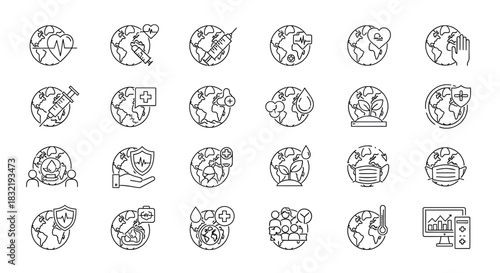 Set of linear icons related to the coronavirus pandemic, including vaccination, protection, and global impact