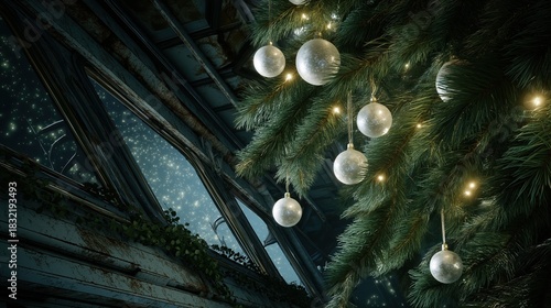 Fototapeta Naklejka Na Ścianę i Meble -  Christmas celebration inside a long-abandoned space station