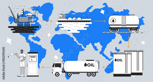 Global oil supply chain 2D mixed media illustration. Offshore drilling. Crude transport. Fuel distribution over world map cartoon conceptual collage art. Vector flat concept on color background