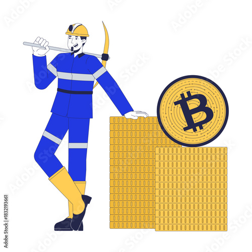 Bitcoin mining 2D illustration concept. Digital crypto accumulation profitability. Cryptocurrency miner with coins and pickaxe cartoon character isolated on white. Flat abstract vector metaphor