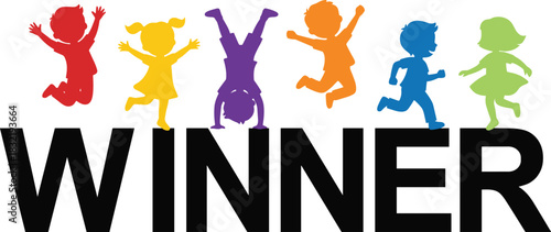 Colorful, joyful child silhouettes jumping and running over the large black word WINNER, symbolizing success, achievement, competition, victory, childhood celebration, and energy.