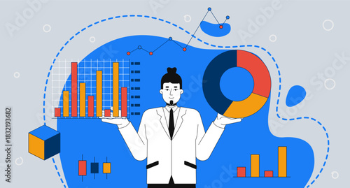Data analyst with business charts 2D mixed media illustration. Caucasian male statistician holding barchart and piechart cartoon conceptual collage art. Vector flat concept on color background
