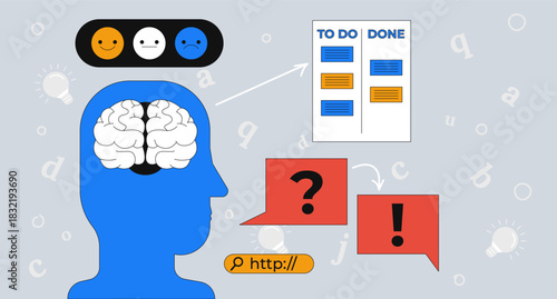 Mental health and productivity 2D mixed media illustration. Emotional wellbeing and EQ. Daily mood tracker. Task management cartoon conceptual collage art. Vector flat concept on color background