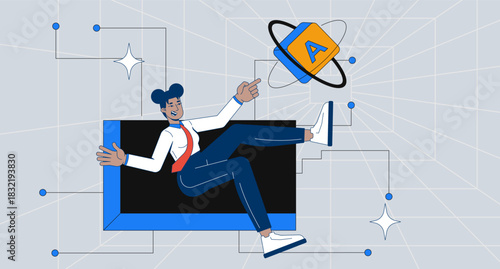 Entering digital library dimension with computer key 2D mixed media illustration. Tech user in cyberspace. Virtual immersion cartoon conceptual collage art. Vector flat concept on color background