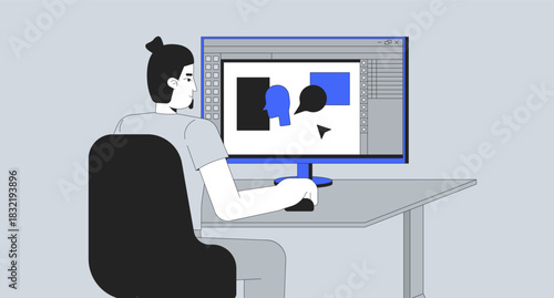 Graphic designer at workstation line illustration. Creative content creation. Digital artist working at computer with editing software 2D ink linear character monochrome. Flat outline vector image