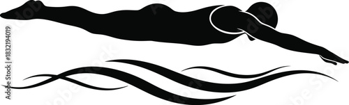 Dynamic black silhouette of a swimmer gliding gracefully through stylized water waves, a minimalist flat vector illustration with solid fill for athletic and aquatic sport concepts