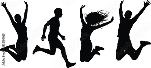 Four black silhouettes of young men and women running and jumping, symbolizing active lifestyle, energetic freedom, youth, success, happiness, movement, and excitement.