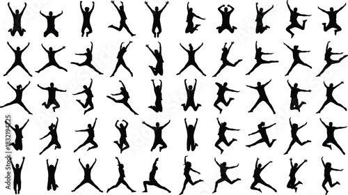 Large set of forty-four diverse black female fashion silhouettes posing, walking, and standing, symbolizing elegance, clothing, style, modeling, trends, and contemporary women.