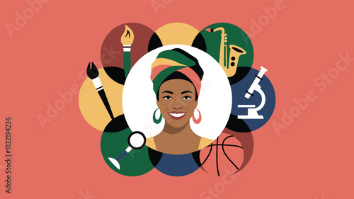 Celebrating Black Excellence: Illustration of a Black Woman Surrounded by Symbols of Achievement in Science, Arts, Music, Sports and Education