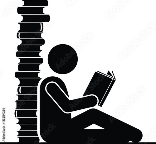 Black silhouette of a person sitting, reading a book, leaning against a tall stack of literature, a minimalist flat vector representing education, knowledge, and studious learning