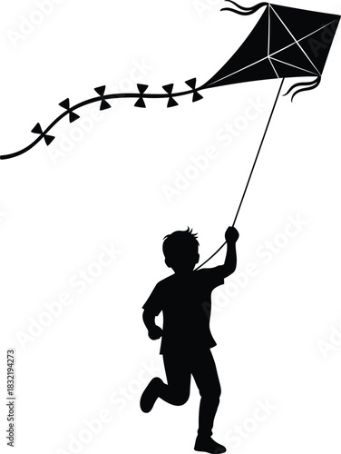 Black silhouette vector illustration of a child joyfully running and flying a kite against a pure white background, capturing freedom and the simple pleasures of childhood play
