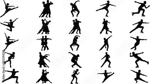 Set of twenty-five black silhouettes depicting diverse figure skaters and dancing couples, symbolizing ice dance, sport, elegance, performance, romance, ballet, and movement.