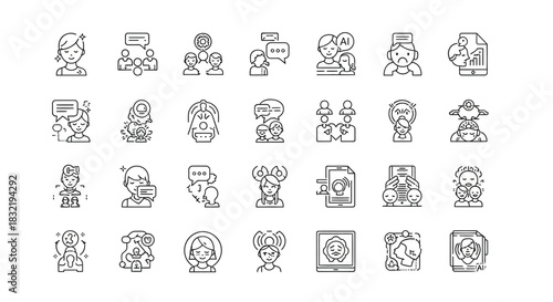 Collection of communication and emotion icons, representing various expressions and interactions between people