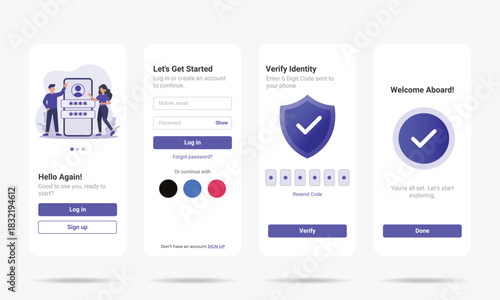 Mobile app onboarding and login UI kit. Flat vector illustration screens
