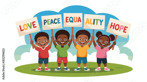 Diverse Children Advocating for Peace, Love, Equality, and Hope: A Vector Illustration Promoting Unity and Social Harmony in a Colorful and Engaging Design