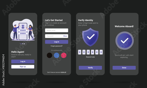 Dark mode mobile app onboarding and login UI kit. Flat vector illustration screens