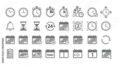 Collection of time and schedule line drawing icons set of different types of clocks, calendars, and reminders concept