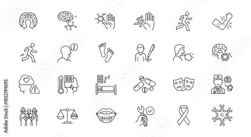 Collection of health and medical line drawing icons set of different types of illness, injury, and treatment concept