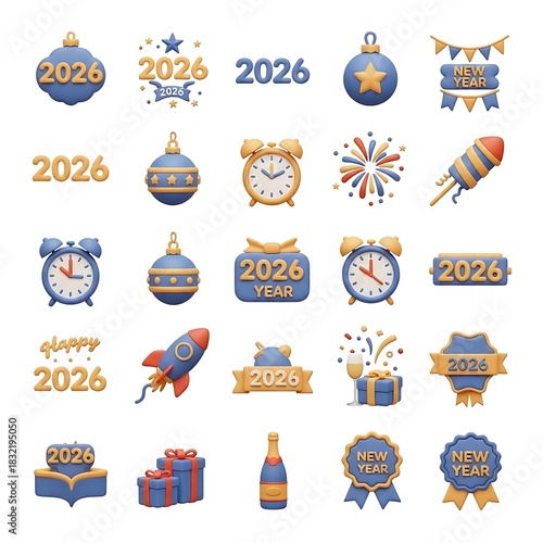 Festive 2026 New Year Holiday Celebration Elements Illustration Set