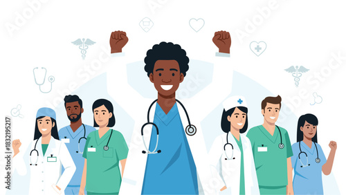 Diverse Team of Healthcare Workers Standing Together in Solidarity and Strength Representing Unity and Professionalism in the Medical Field Illustration
